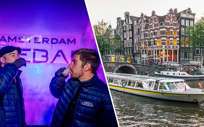 Xtracold Icebar visitors enjoying drinks; Amsterdam canal cruise boat passing historic buildings.