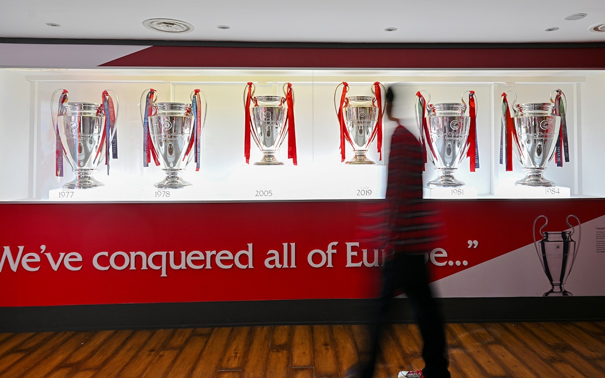 Liverpool FC's European trophies displayed at Anfield stadium.