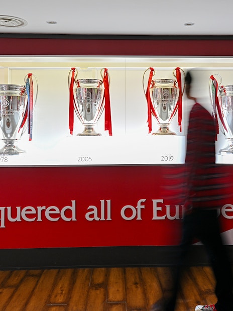 Liverpool FC's European trophies displayed at Anfield stadium.