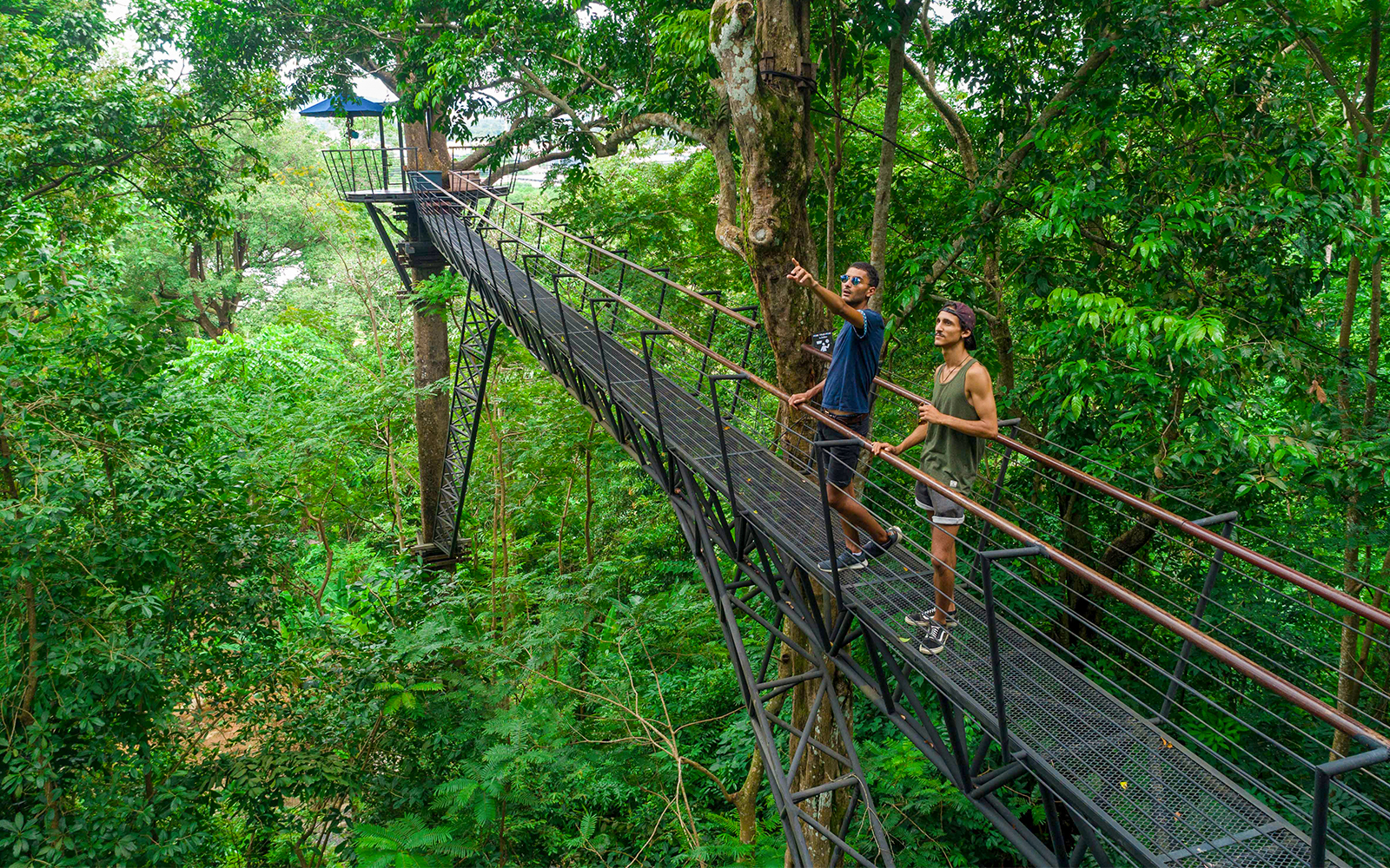 Mannen ziplinen door het weelderige bos bij Hanuman World, Phuket.