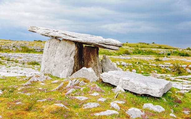 Ancient stone dolmen at Burren National Park, Ireland.