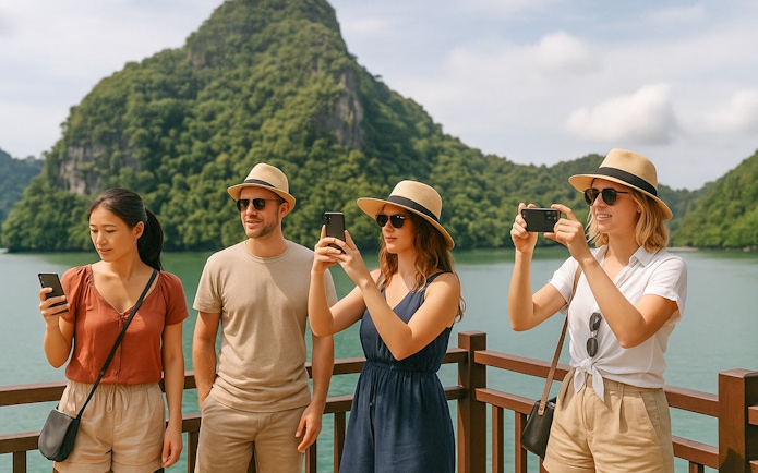 Tourists photographing scenery at Pulau Dayang Bunting viewpoint, Langkawi Island Hopping.