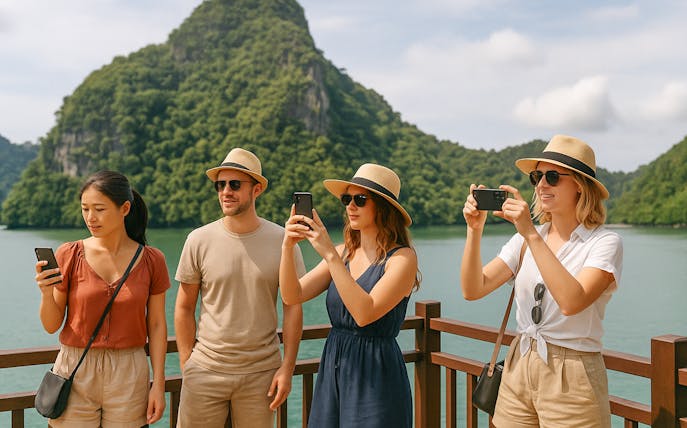 Tourists photographing scenery at Pulau Dayang Bunting viewpoint, Langkawi Island Hopping.