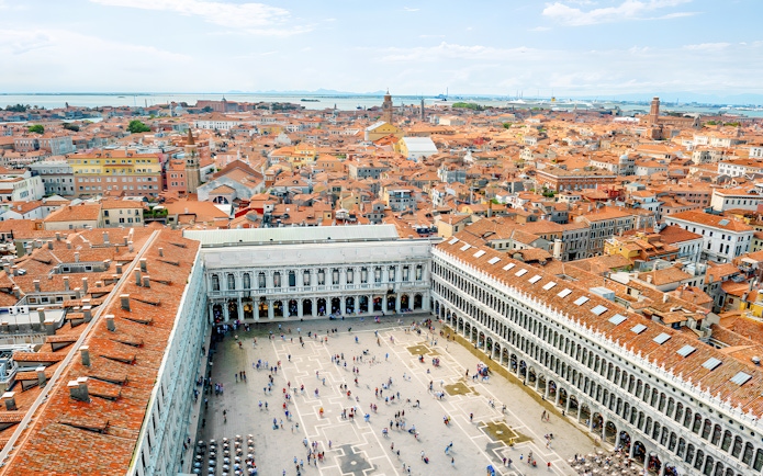 Aerial view of St. Mark's Square and surrounding Venice rooftops from St. Mark's Campanile.