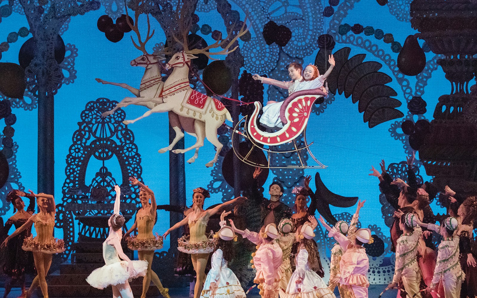 New York City Ballet's The Nutcracker scene with dancers and sleigh.