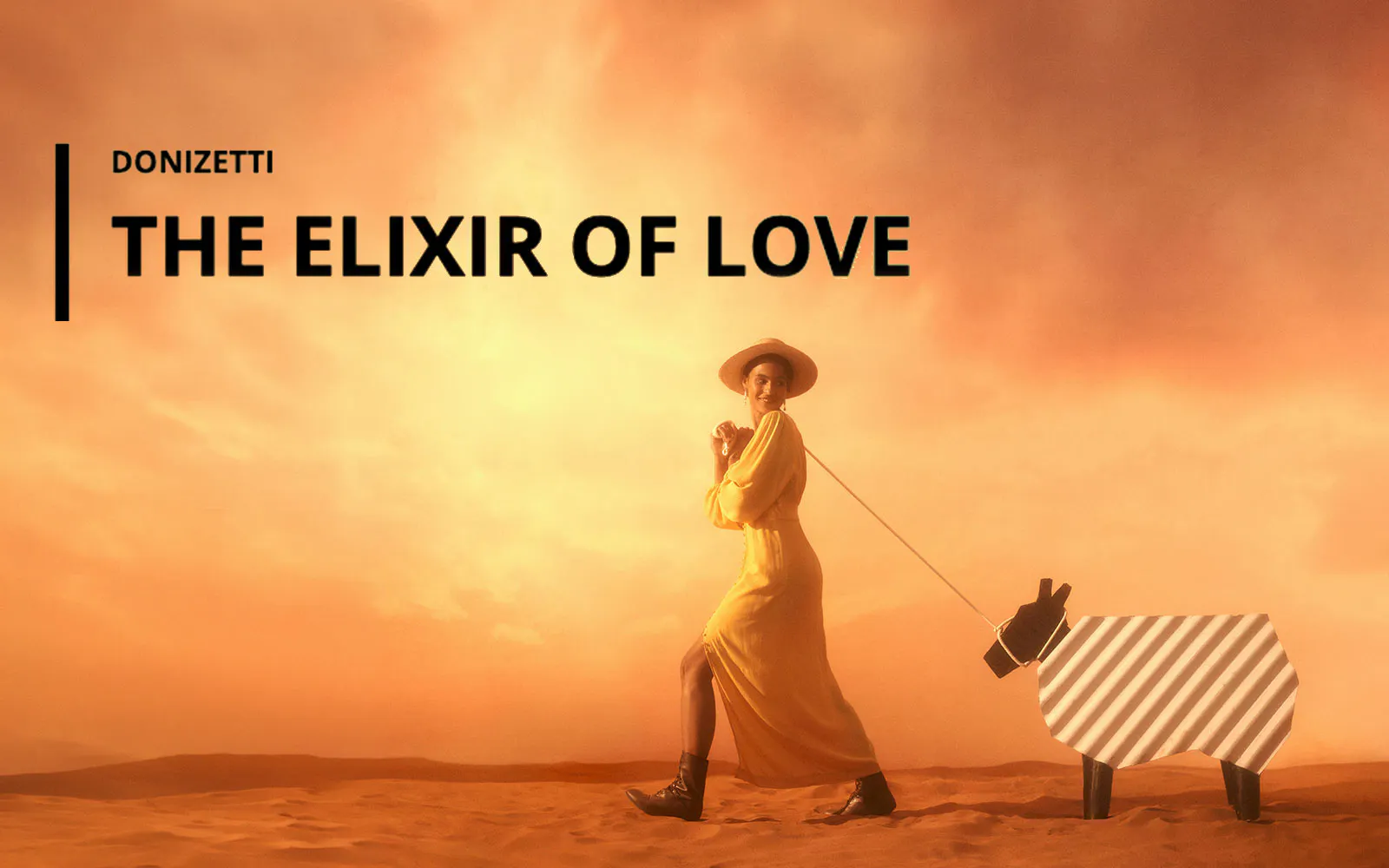 Person in yellow dress walking a striped animal cutout in a desert setting, "The Elixir of Love" text.
