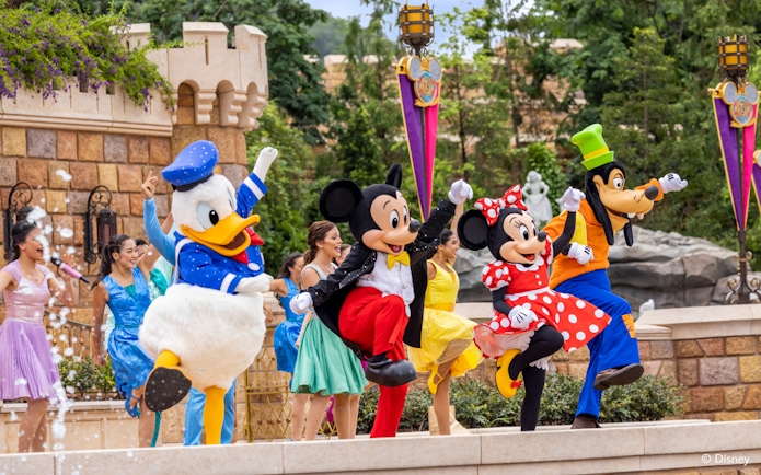 Disney characters performing at Disneyland Hong Kong.
