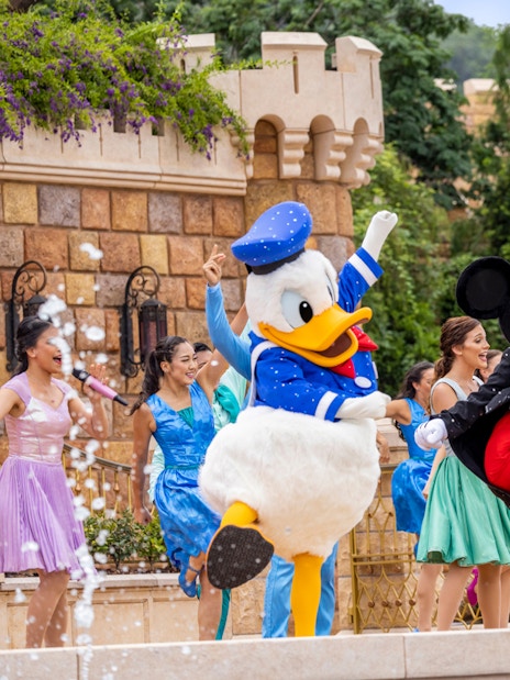 Disney characters performing at Disneyland Hong Kong.