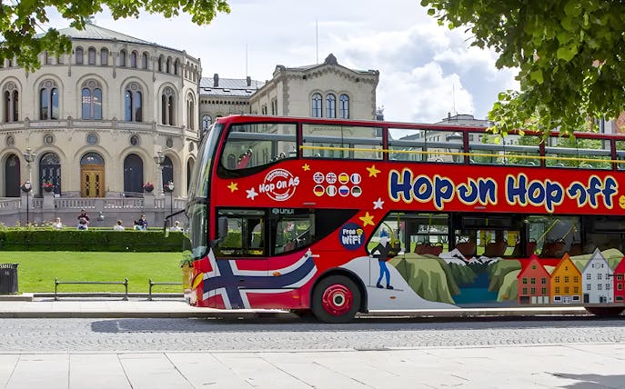 Hop on Hop off bus in front of Storting building, Oslo.