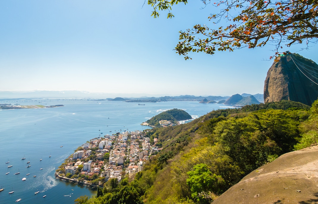 Panoramic view of Rio de Janeiro from Urca Hill with bay and mountains.