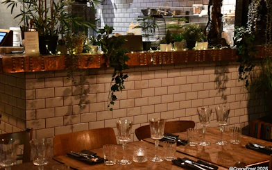 Private dining setup in Icelandic restaurant with glassware and plants.