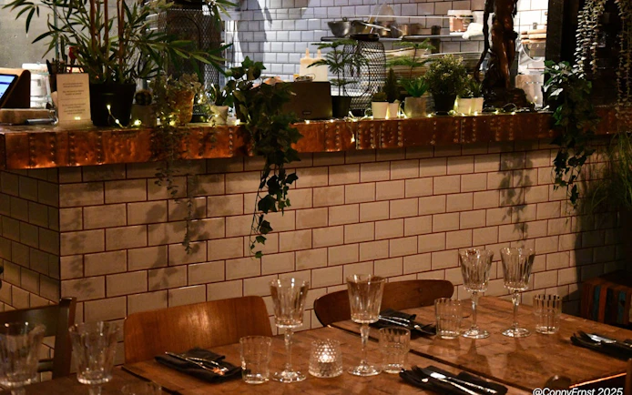 Private dining setup in Icelandic restaurant with glassware and plants.