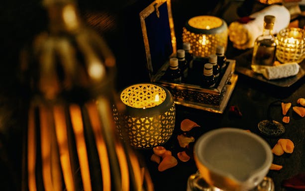 Candles and essential oils at Mandala Day Spa.