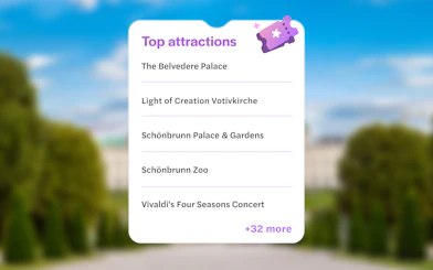 Top attractions list featuring Belvedere Palace and other Vienna sites.
