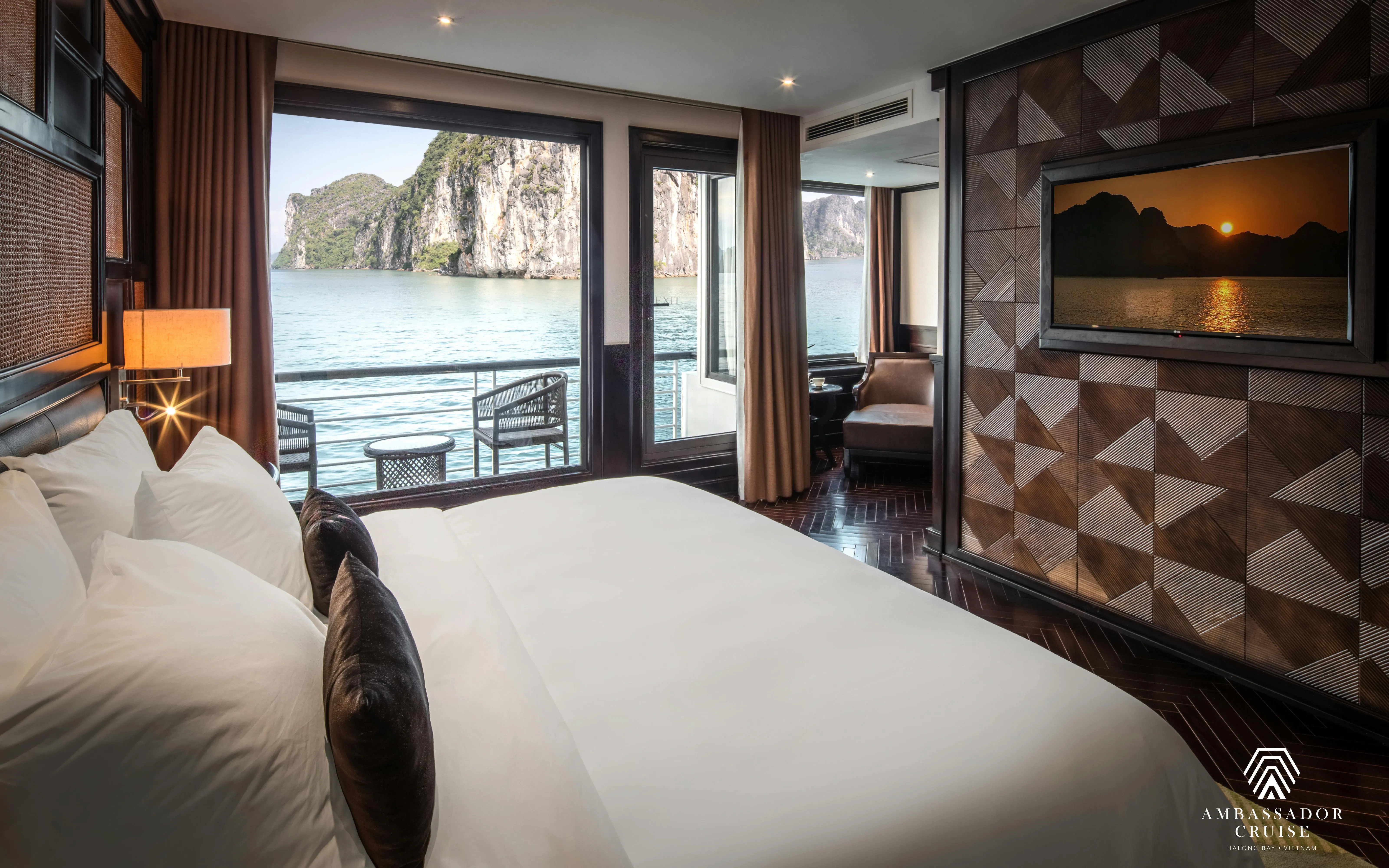Luxurious cabin view of Halong Bay from Ambassador Premium cruise.