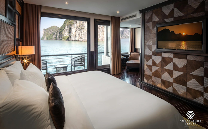 Luxurious cabin view of Halong Bay from Ambassador Premium cruise.