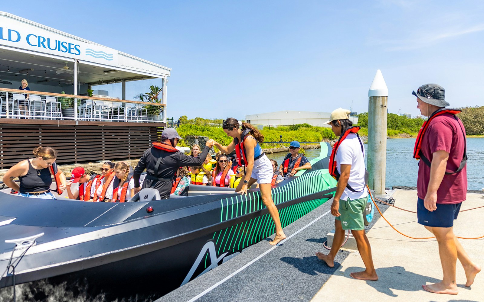 Passengers boarding the Arro Jet Boat at Gold Coast dock.