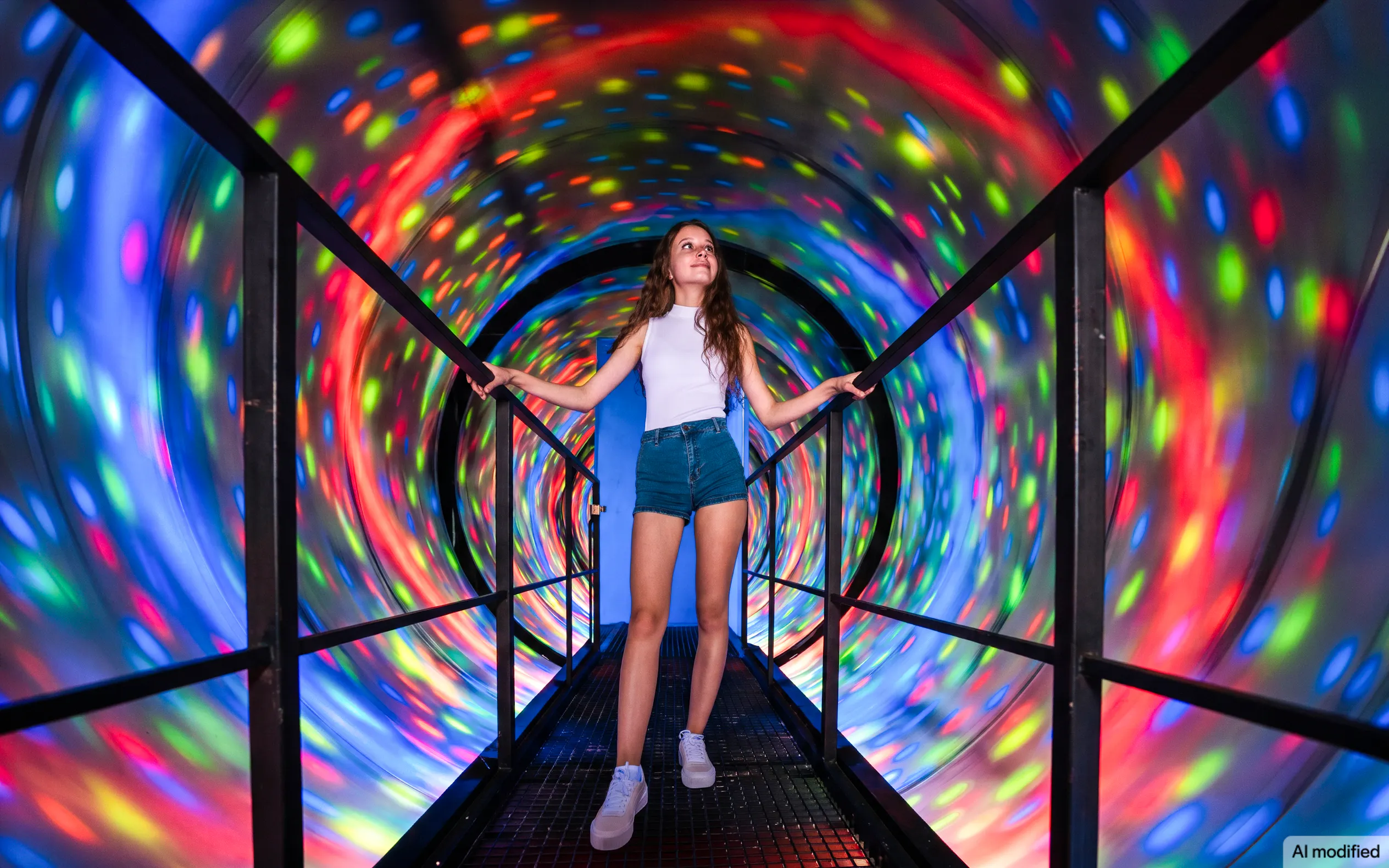 Visitor exploring colorful tunnel at Gdansk's DeJa Vu Museum.