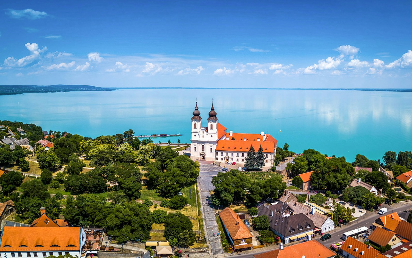 Tihany Abbey with twin towers overlooking Lake Balaton in Hungary.