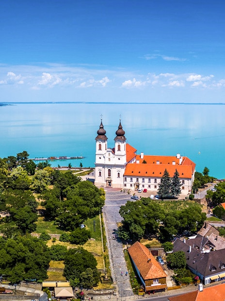 Tihany Abbey with twin towers overlooking Lake Balaton in Hungary.