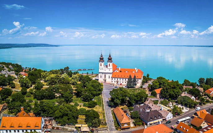 Tihany Abbey with twin towers overlooking Lake Balaton in Hungary.