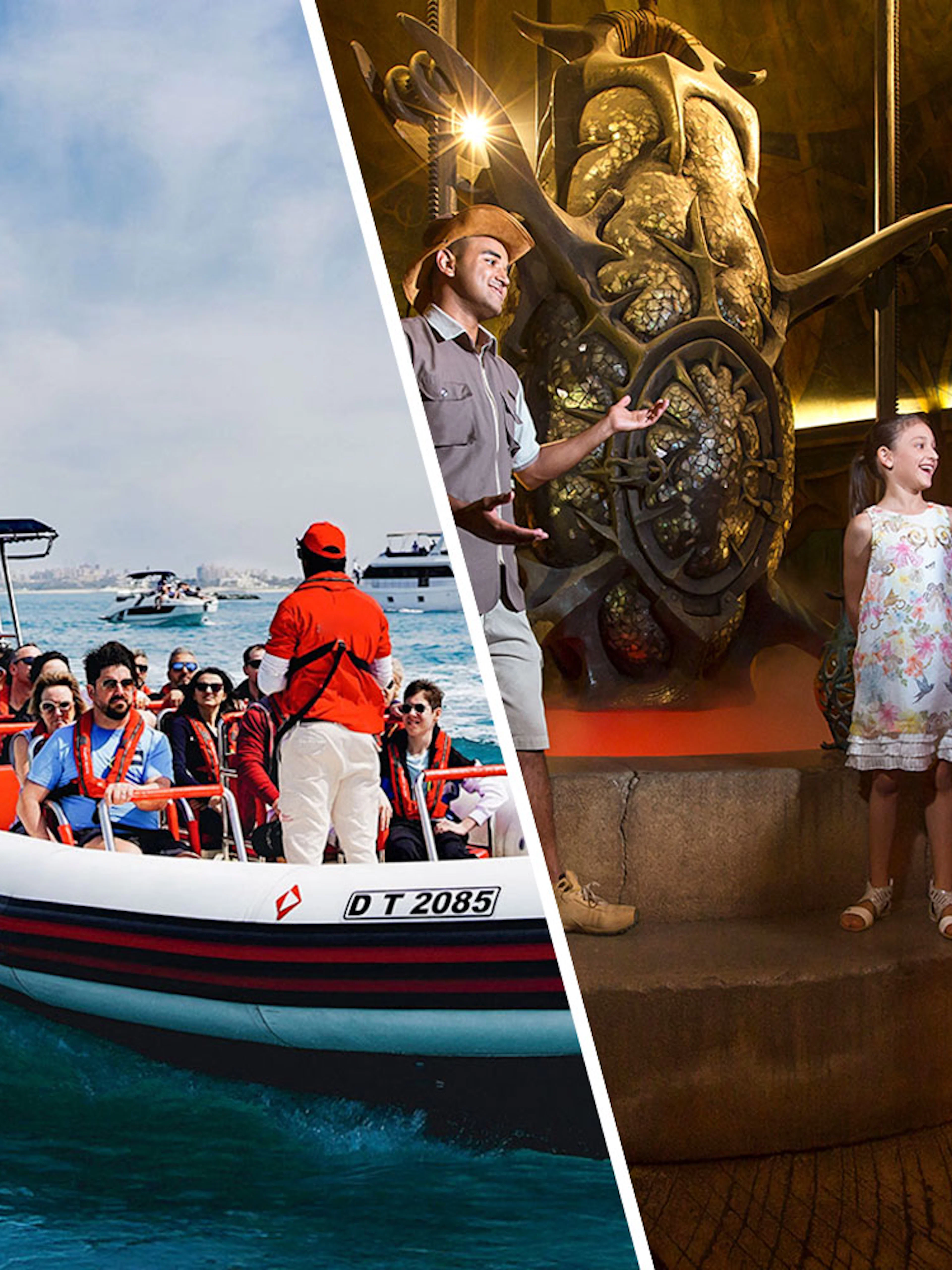 Speedboat tour near Burj Al Arab and family exploring The Lost Chambers Aquarium in Dubai.