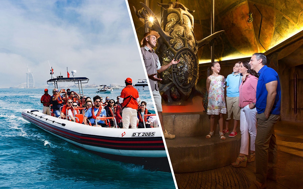 Speedboat tour near Burj Al Arab and family exploring The Lost Chambers Aquarium in Dubai.