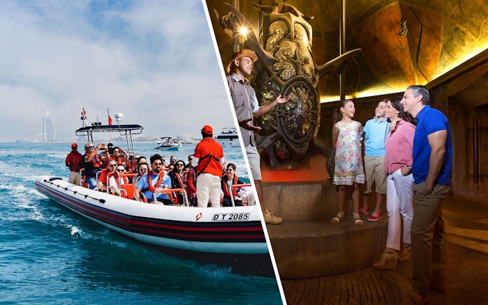 Speedboat tour near Burj Al Arab and family exploring The Lost Chambers Aquarium in Dubai.