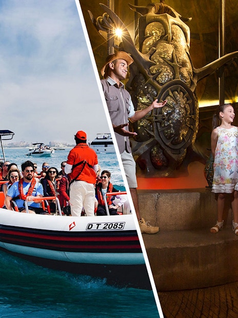 Speedboat tour near Burj Al Arab and family exploring The Lost Chambers Aquarium in Dubai.