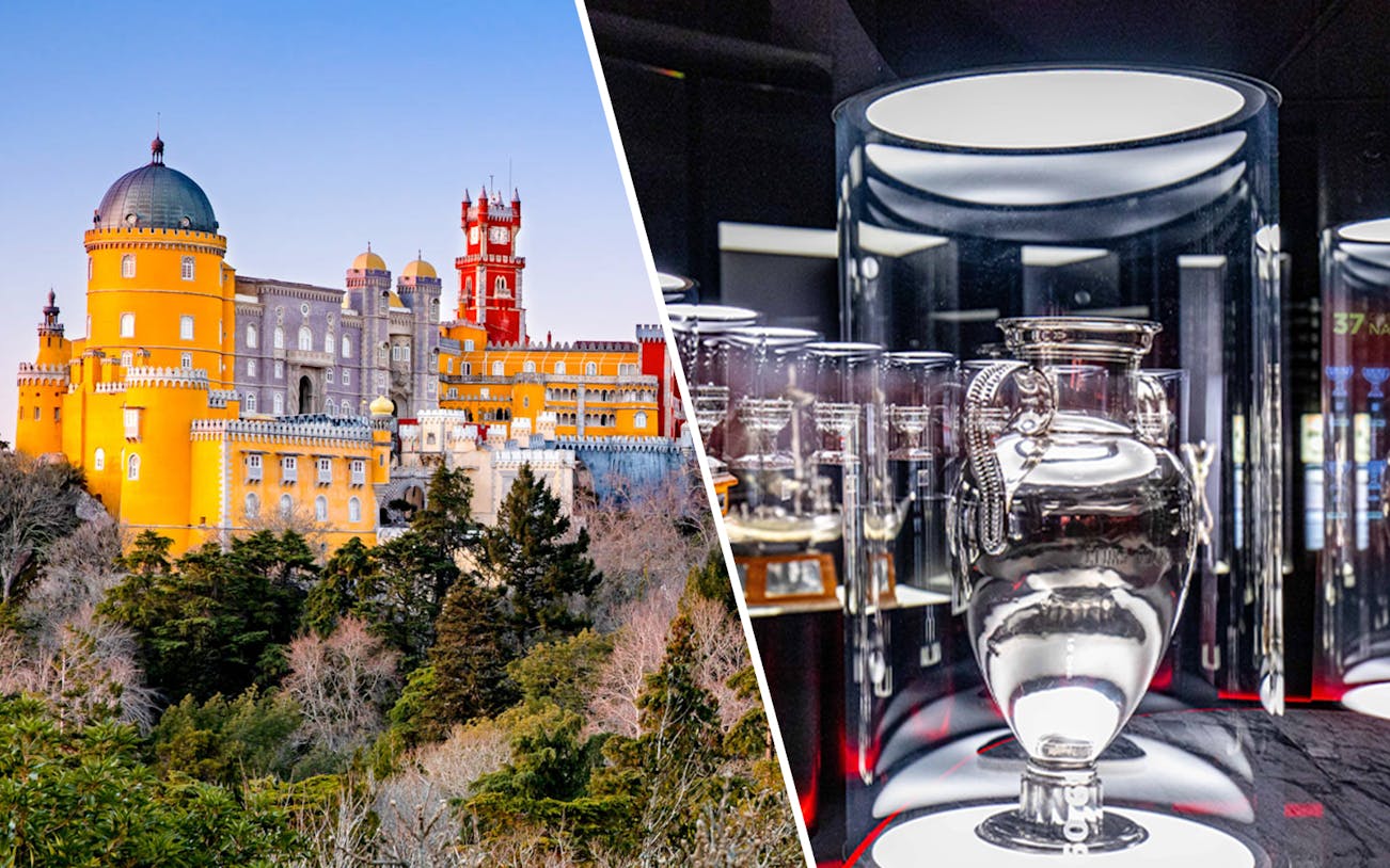 Pena Palace in Sintra and trophy display at SL Benfica Museum.