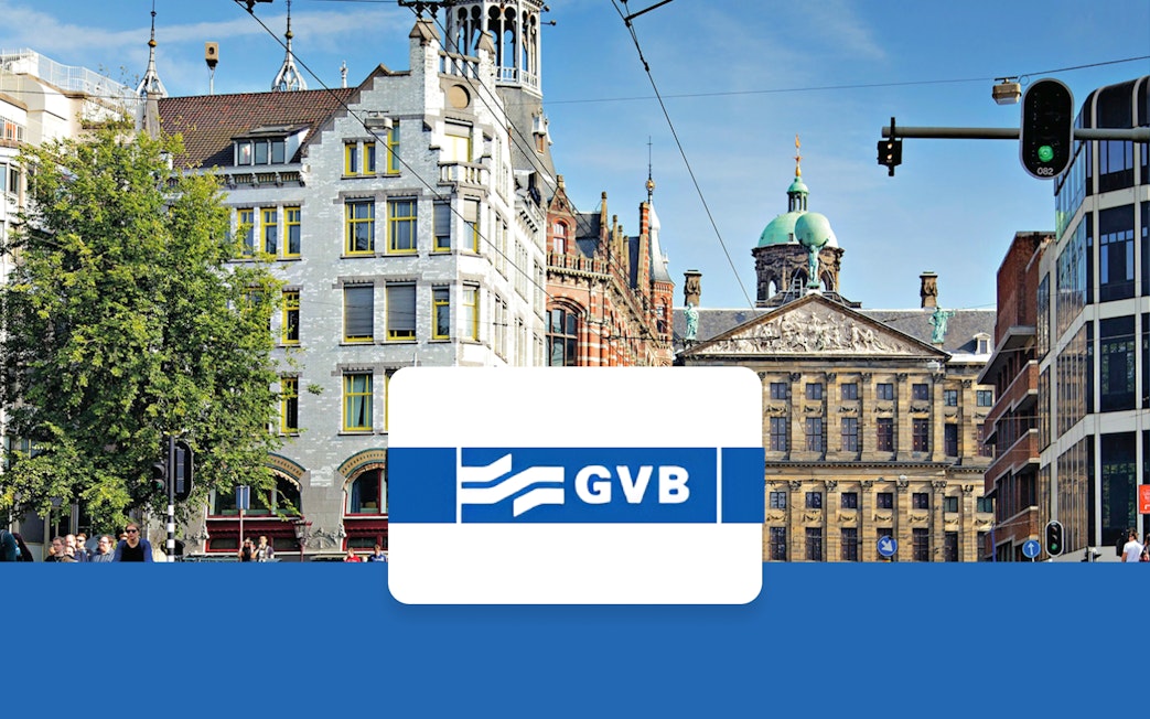 GVB logo with Amsterdam cityscape background, featuring historic buildings and tram lines.