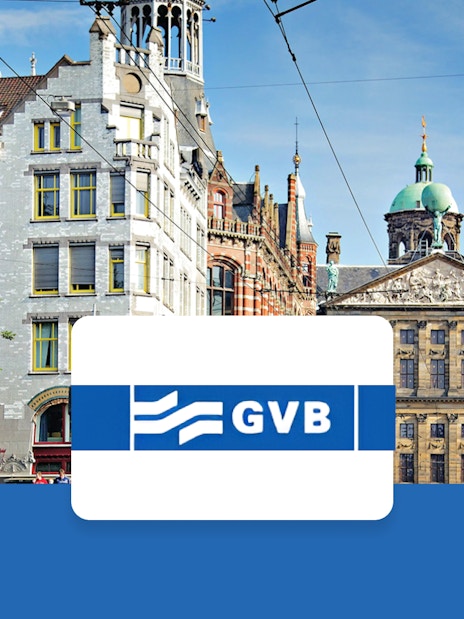 GVB logo with Amsterdam cityscape background, featuring historic buildings and tram lines.