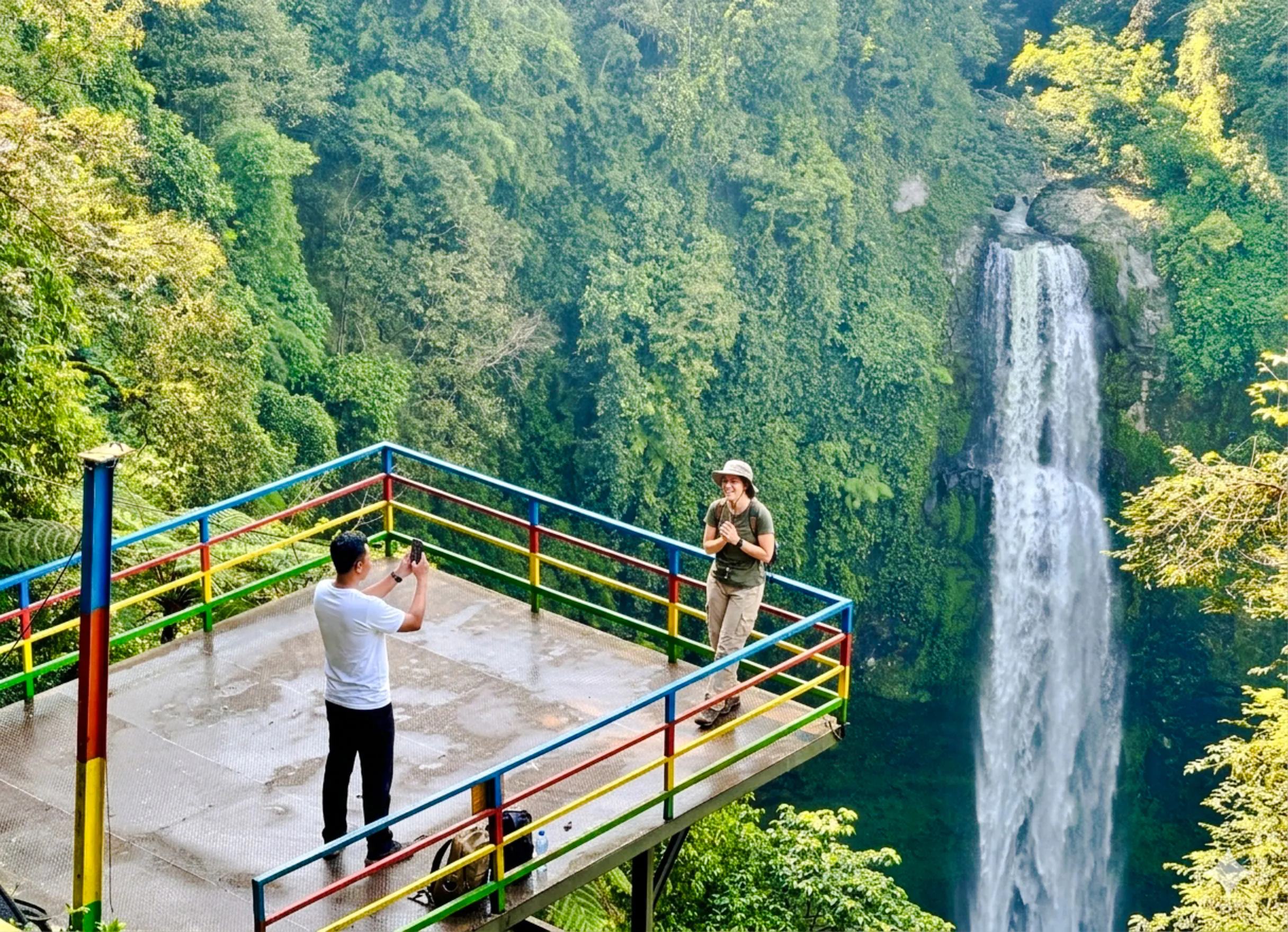 Viewing platform at Curug Cimahi waterfall near Bandung, with a person taking a photo.