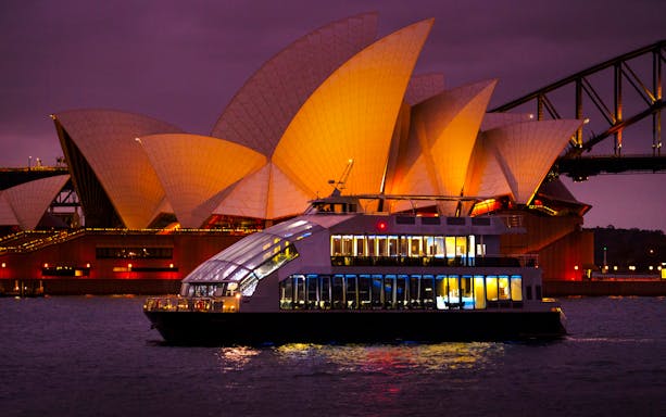 Cruise ship on Sydney Harbour with Opera House illuminated at night.