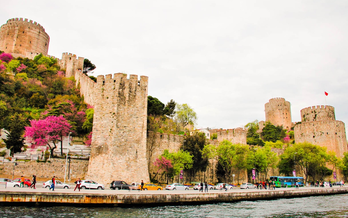 Rumeli Fortress along the Bosphorus during a sightseeing boat cruise in Istanbul.