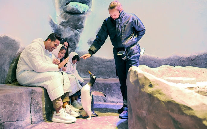 Family interacting with a penguin at Dubai Aquarium & Underwater Zoo.