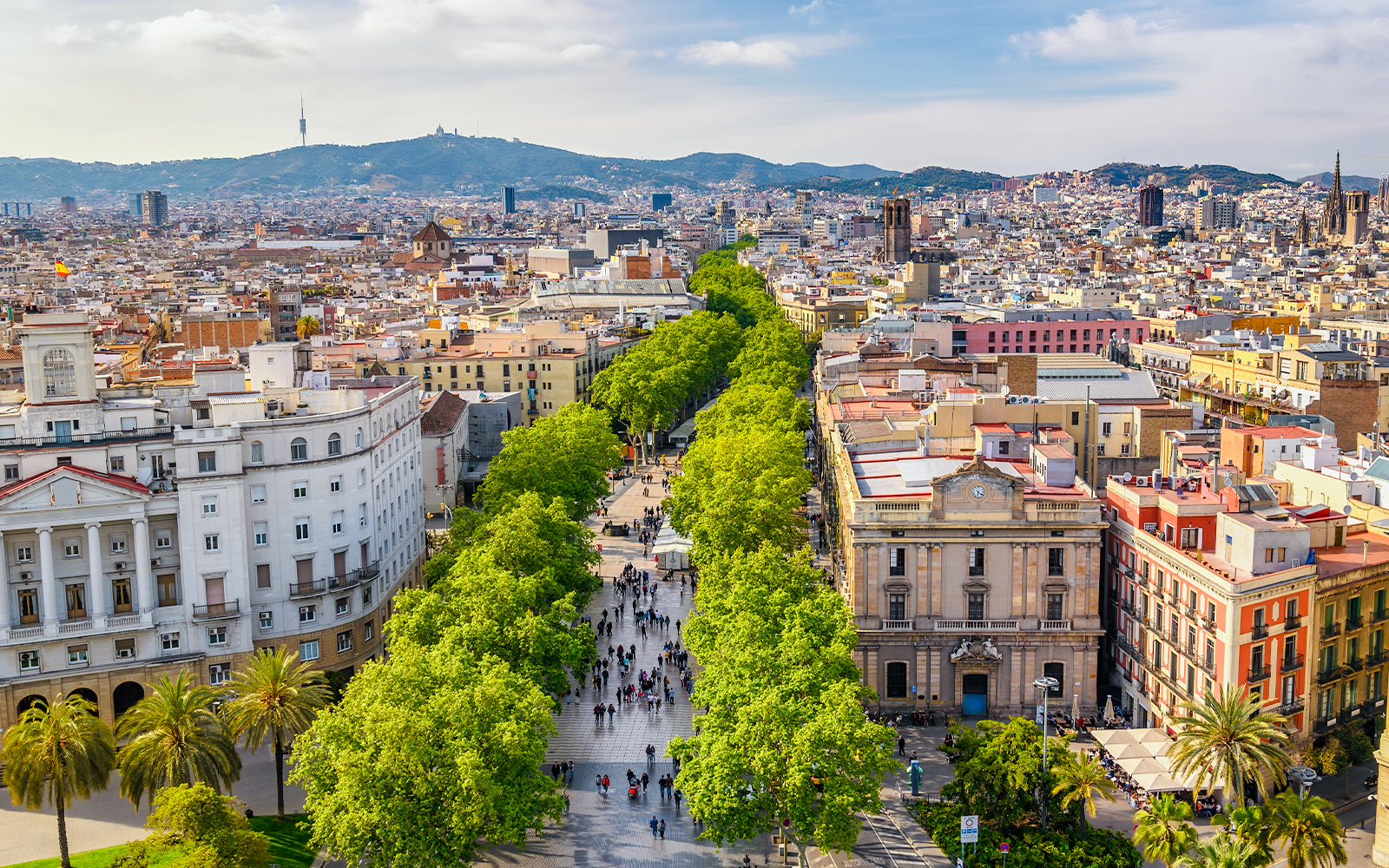 Aerial view of La Rambla Market Street in Barcelona with people walking and surrounding buildings.