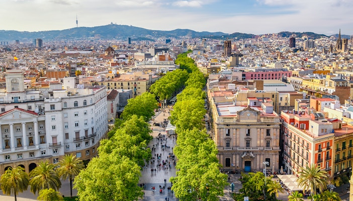 Aerial view of La Rambla Market Street in Barcelona with people walking and surrounding buildings.