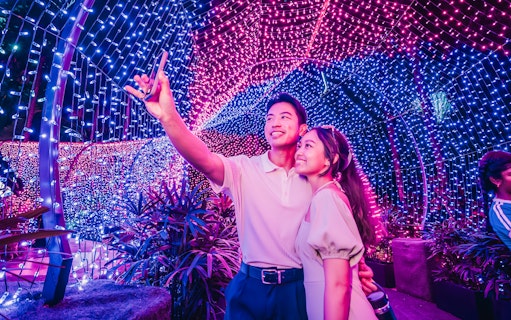 Couple taking a selfie under colorful Christmas lights at Gardens by the Bay.