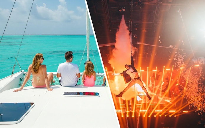 Catamaran sailing in Isla Mujeres and Mad Max performance at Coco Bongo Show, Cancún.