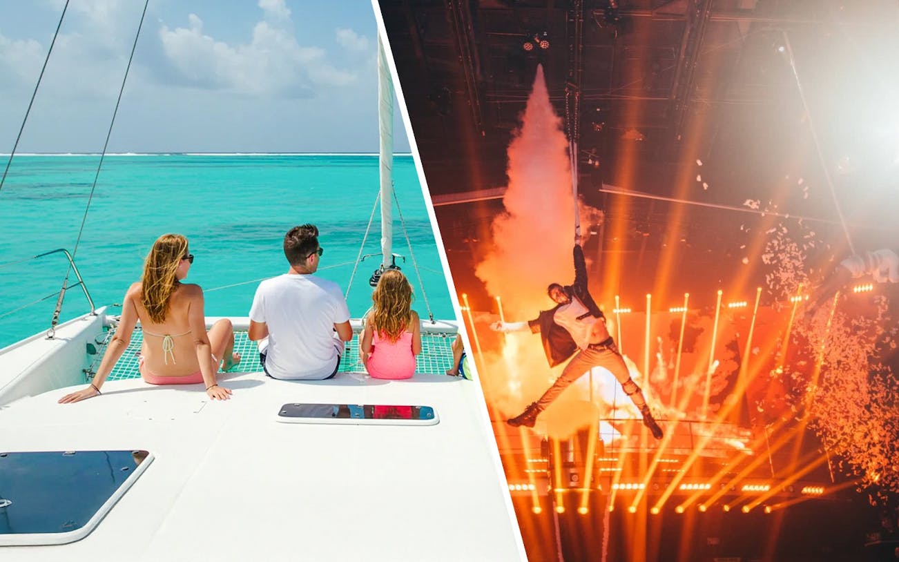 Catamaran sailing in Isla Mujeres and Mad Max performance at Coco Bongo Show, Cancún.