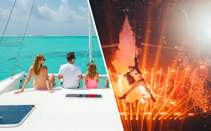 Catamaran sailing in Isla Mujeres and Mad Max performance at Coco Bongo Show, Cancún.