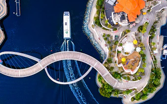 Aerial view of Elizabeth Quay Bridge and ferry in Perth, Australia.