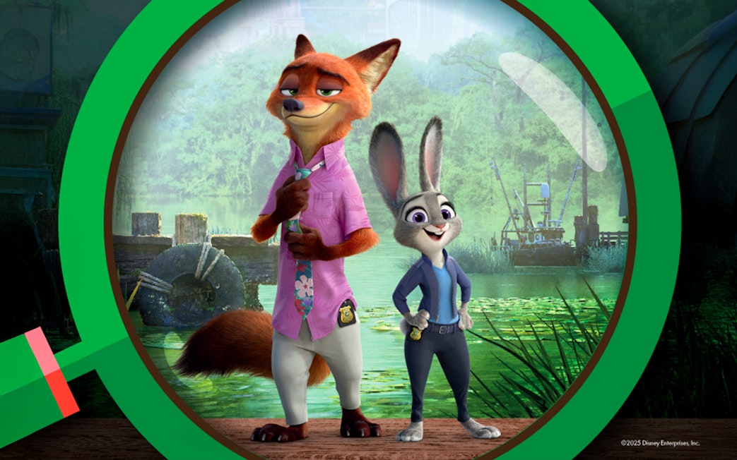 Animated characters in a forest setting, Zootopia 2 activities at Mandai Wildlife Reserve