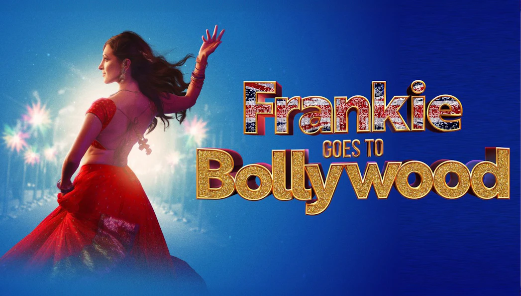 Dancer in red sari with "Frankie Goes to Bollywood" text on blue background.
