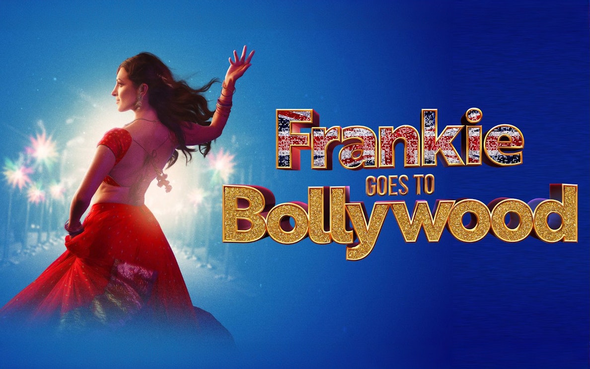 Dancer in red sari with "Frankie Goes to Bollywood" text on blue background.