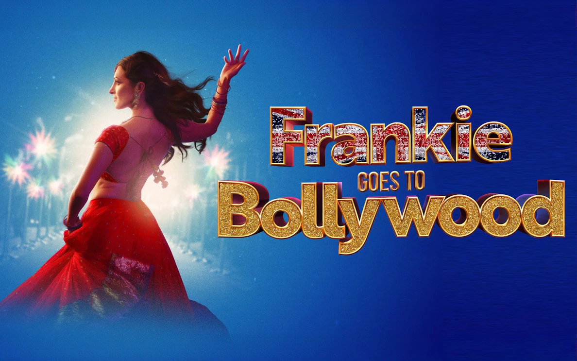 Dancer in red sari with "Frankie Goes to Bollywood" text on blue background.