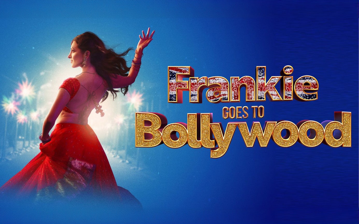 Dancer in red sari with "Frankie Goes to Bollywood" text on blue background.