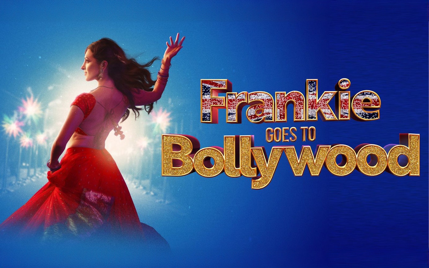 Dancer in red sari with "Frankie Goes to Bollywood" text on blue background.