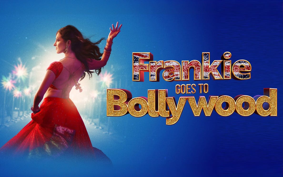 Dancer in red sari with "Frankie Goes to Bollywood" text on blue background.